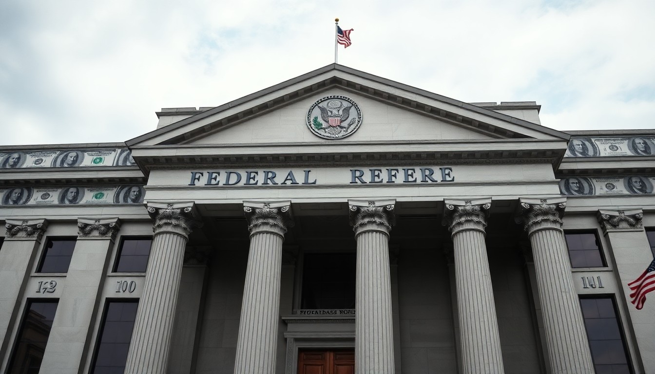 미국 연방준비제도 건물 외관과 달러 지폐