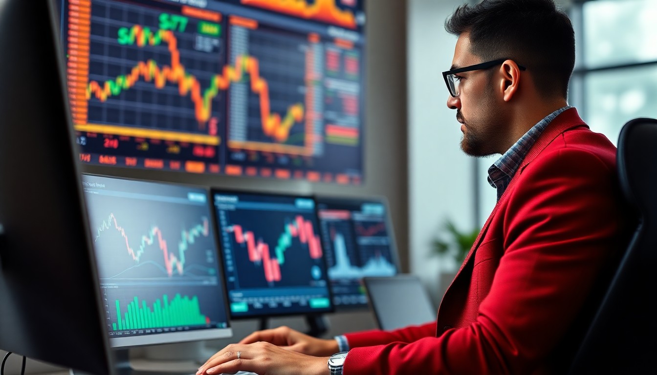 주식 트레이딩 화면과 그래프를 분석하는 투자자