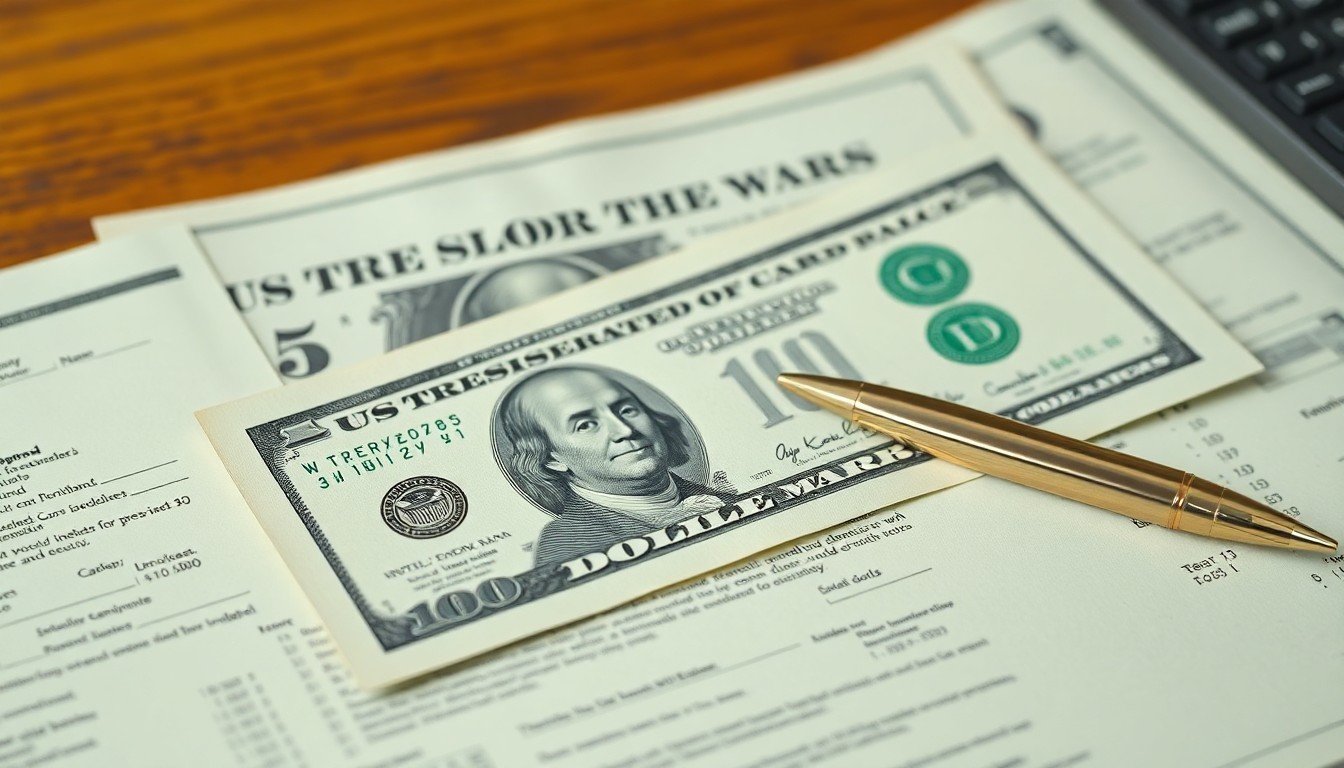 미국 국채 채권 서류와 계산기
