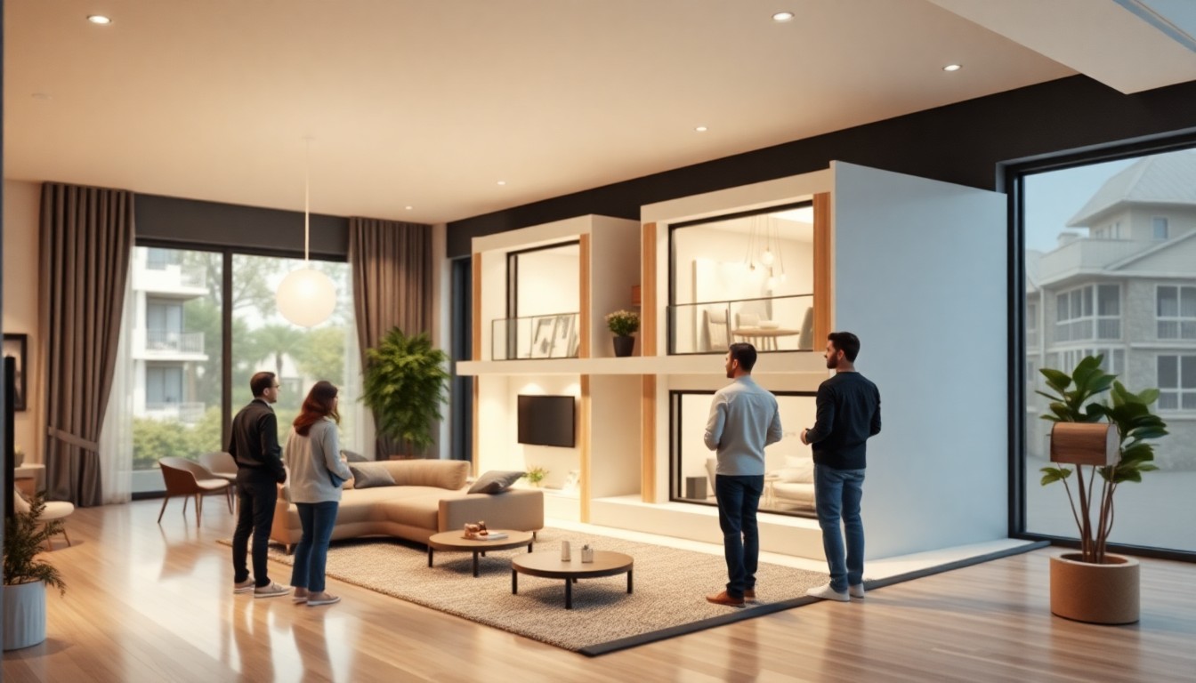 아파트 분양 모델하우스와 방문객