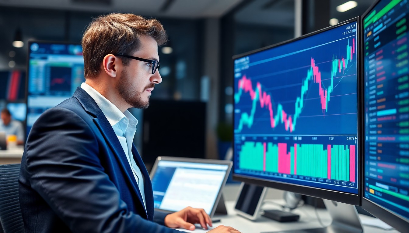 모니터에 주식 차트를 분석하는 투자자