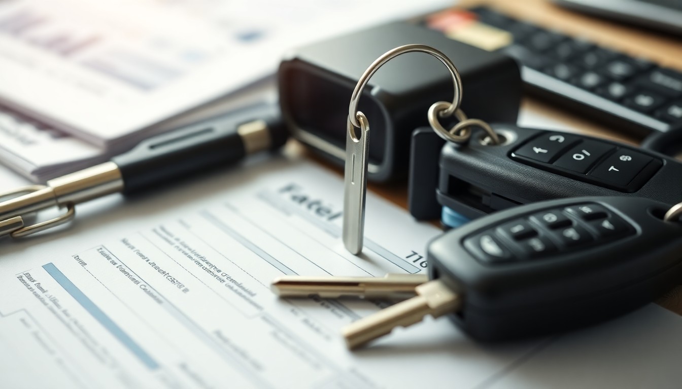 자동차 키와 세금 서류가 놓인 책상