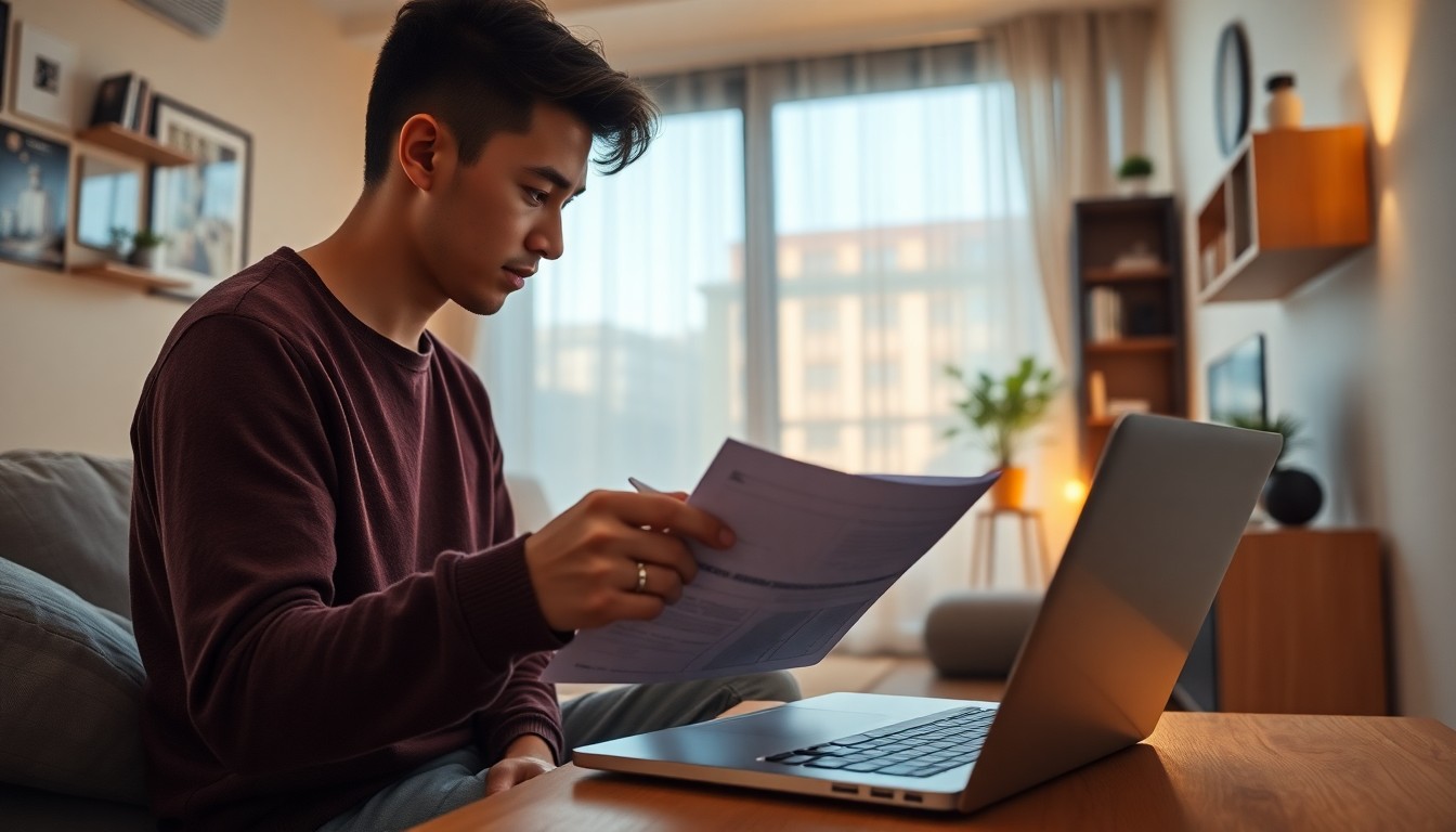 청년이 원룸에서 노트북으로 서류 확인하는 모습