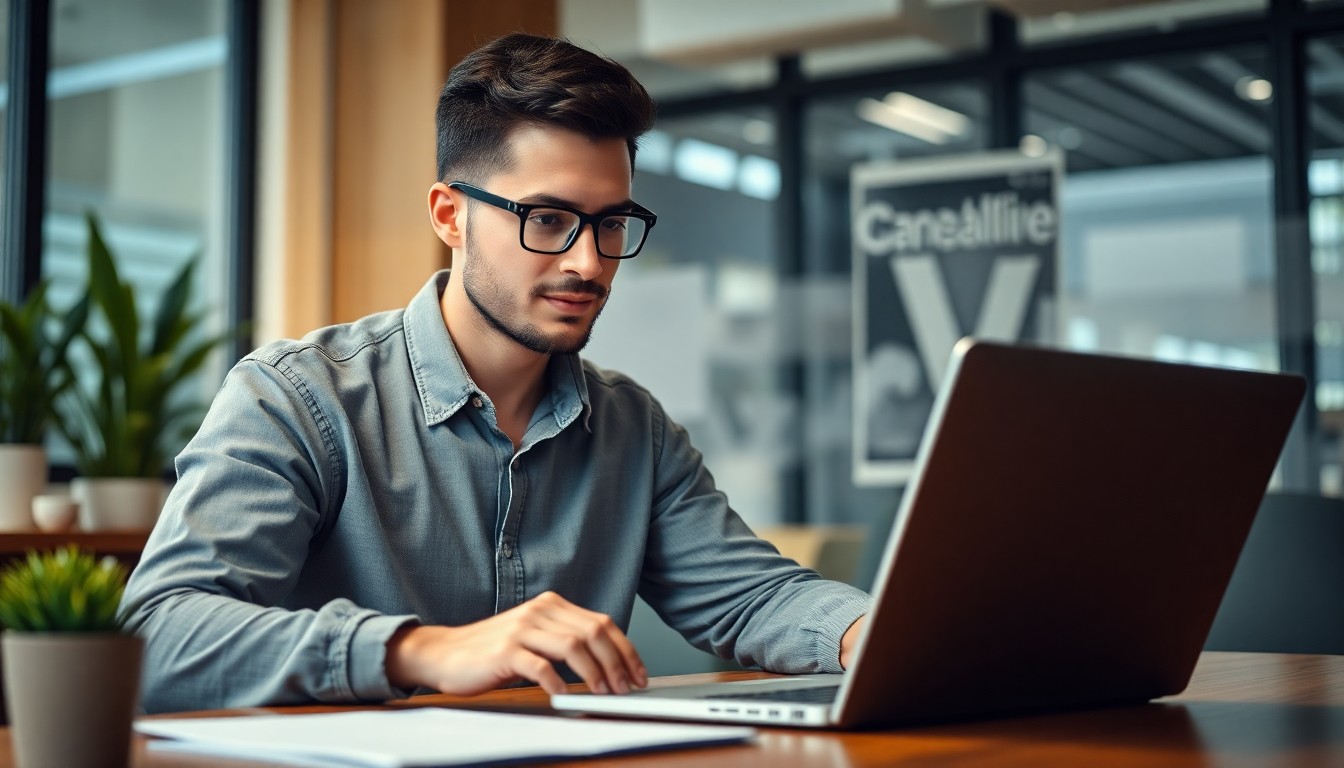 노트북으로 창업 계획을 세우는 청년