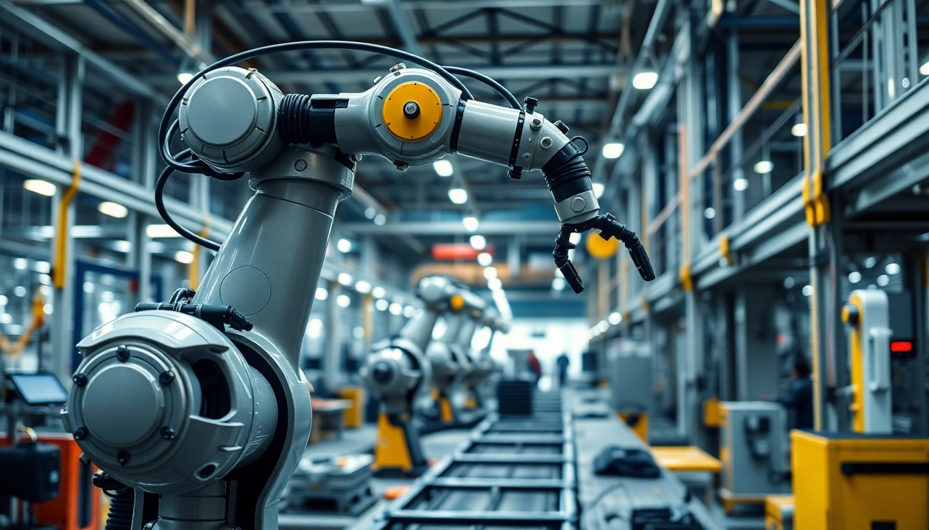 공장 생산라인에서 작동하는 산업용 로봇 팔