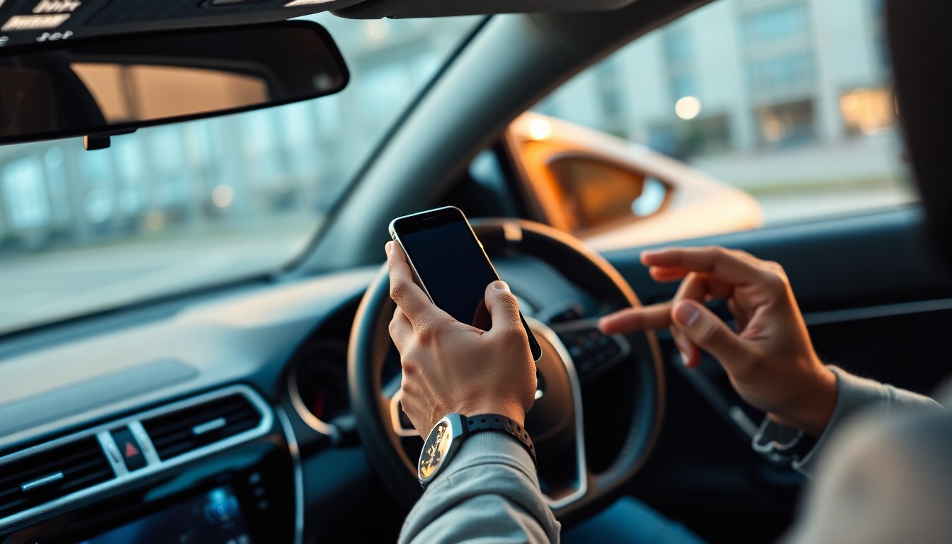 현대적인 차량 앞에서 스마트폰으로 앱을 사용하는 사람