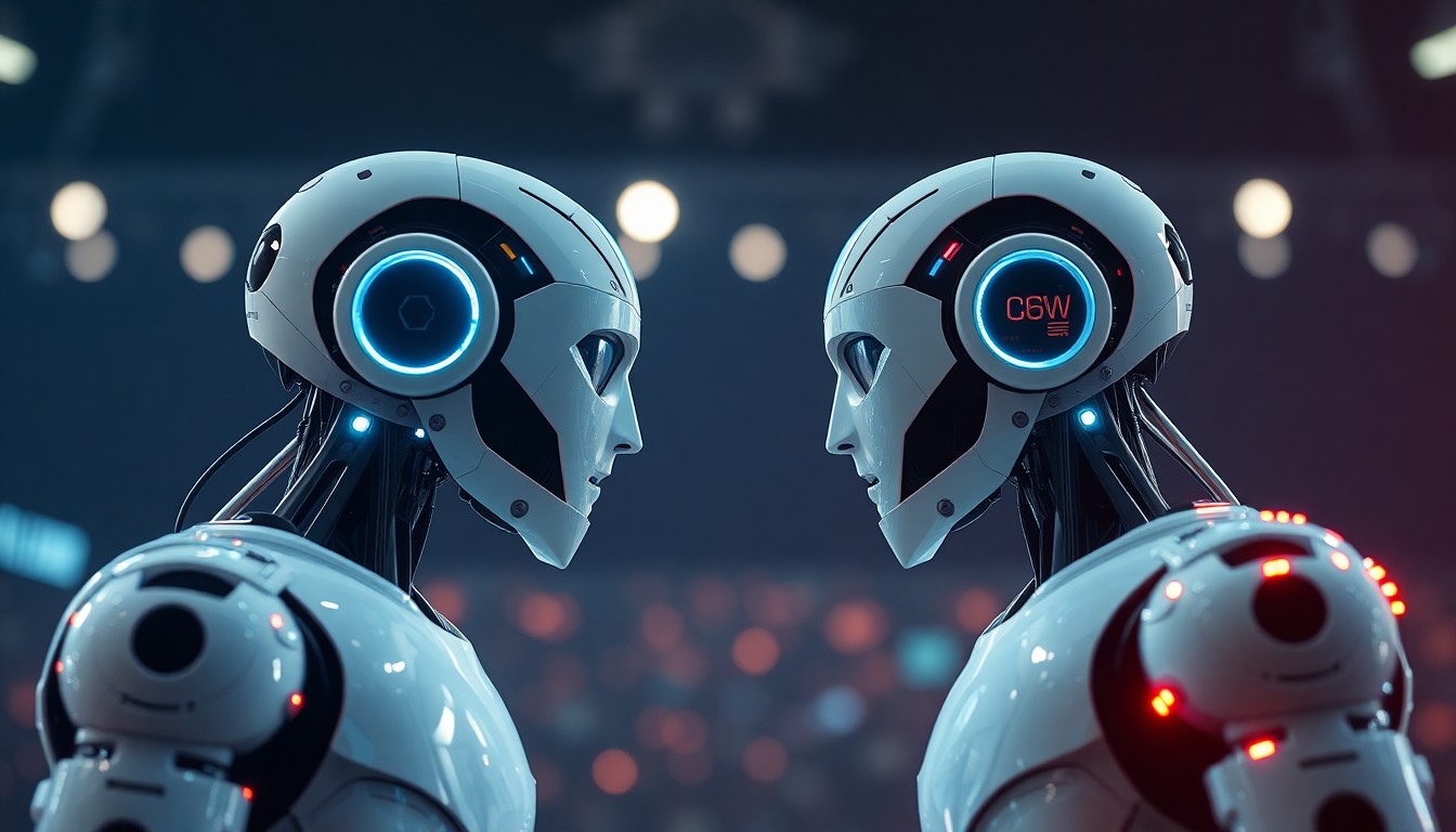 AI 로봇 두 대가 마주보고 있는 기술 경쟁 컨셉 이미지
