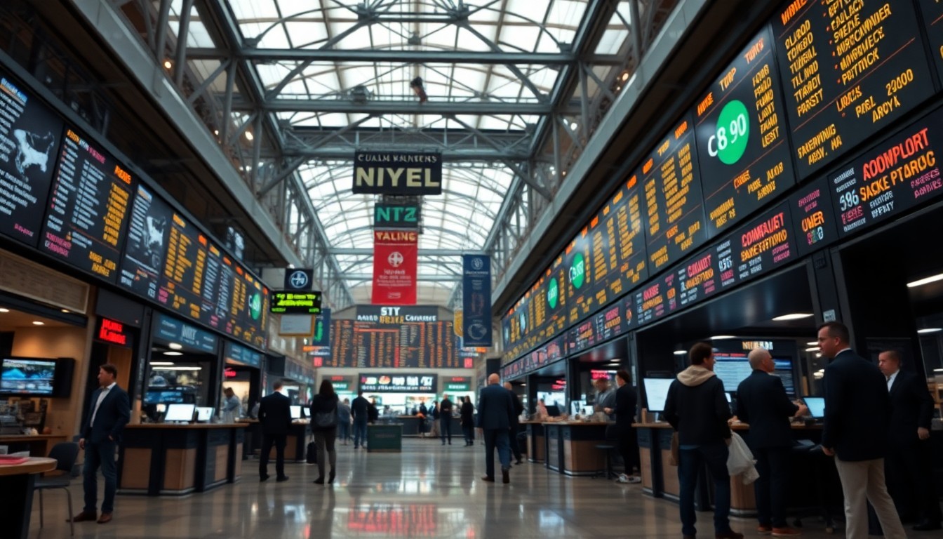 주식 시장 전광판과 트레이더