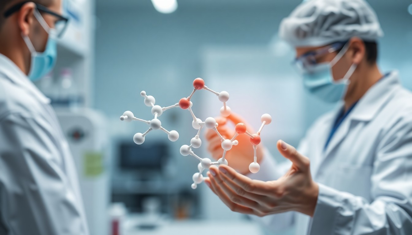 의약품 연구실에서 실험하는 연구원과 분자 구조 모형