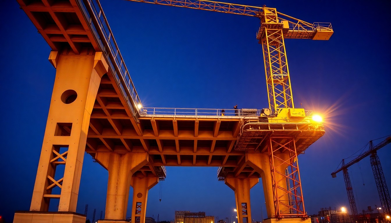 건설 중인 대형 교량과 크레인 장비
