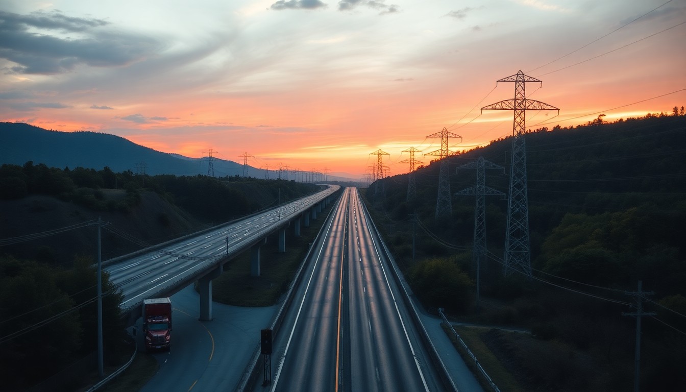 미국 고속도로와 전력 송전탑이 보이는 풍경