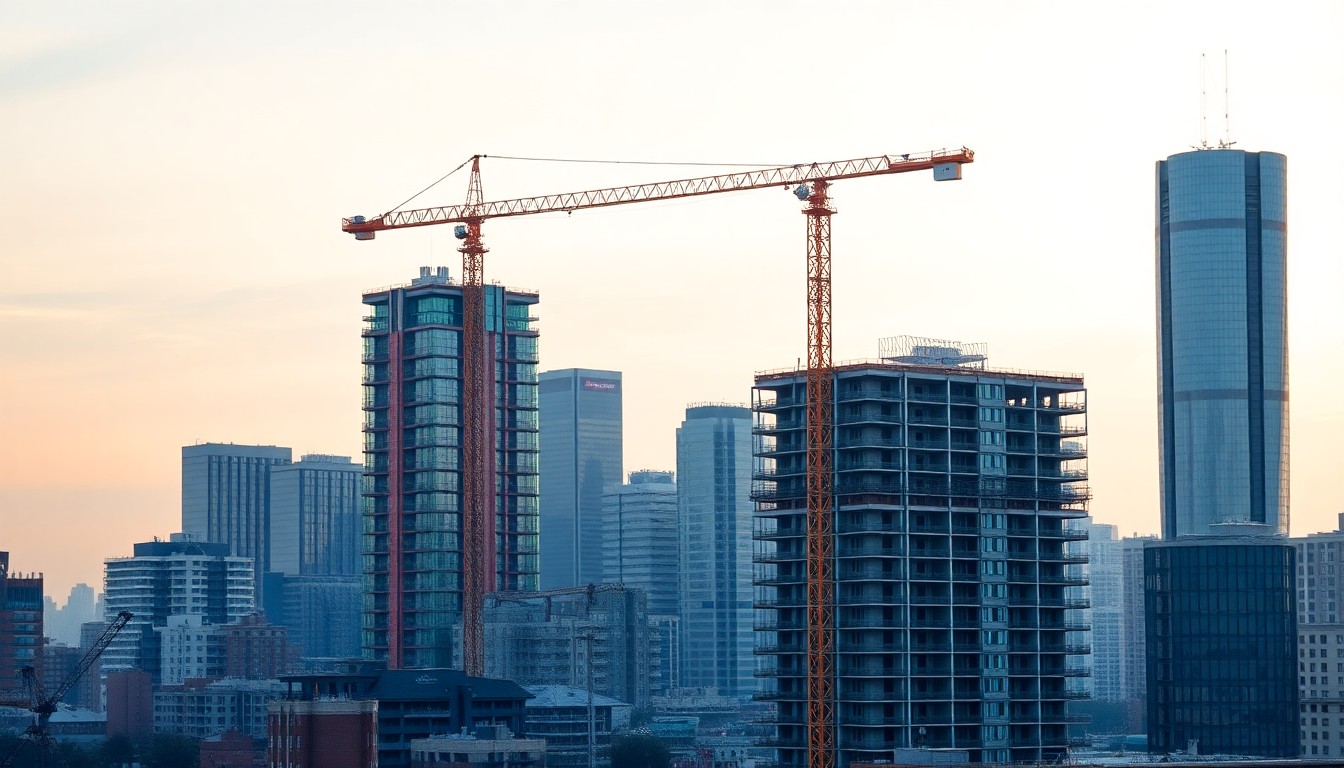 도시 재개발 현장과 건설 크레인이 있는 스카이라인
