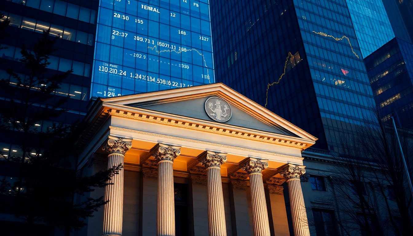 은행 건물과 금융 그래프 차트