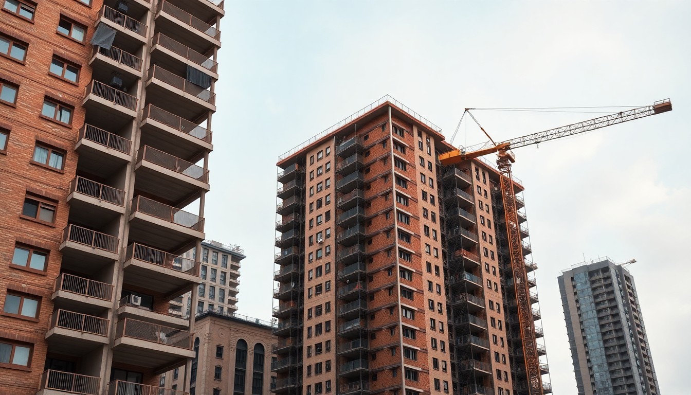 건설 현장 크레인과 아파트 분양 현수막