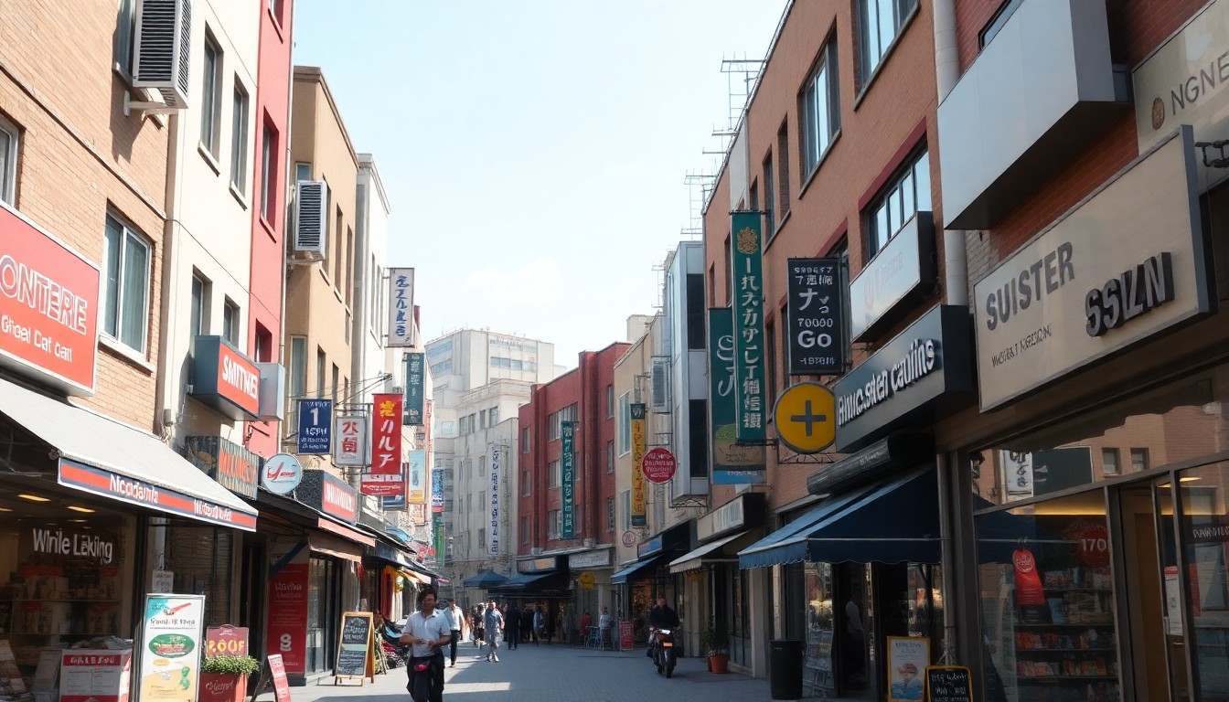 번화한 상가 거리의 다양한 점포들