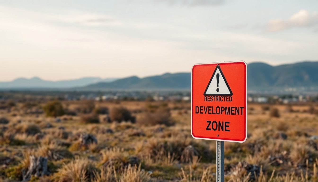 주의 표지판이 있는 개발 제한 구역 토지