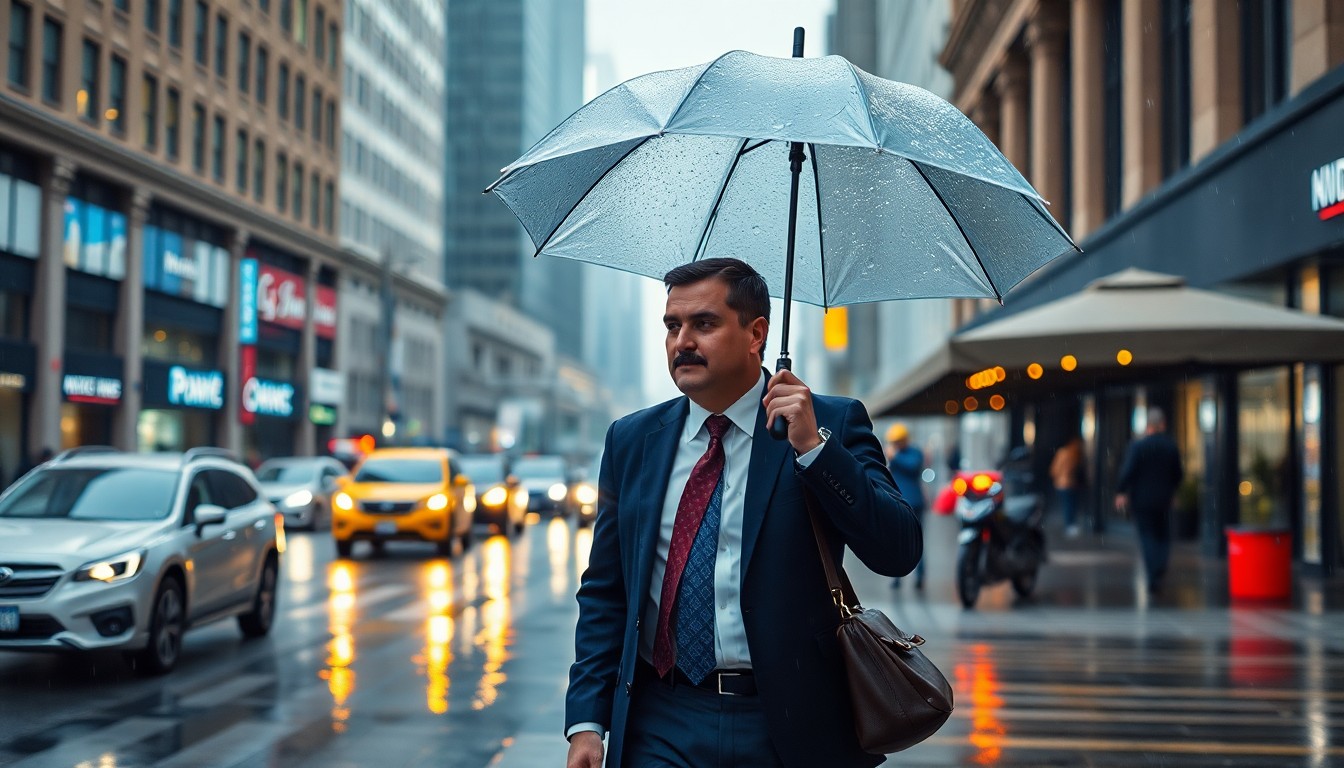 우산을 들고 비오는 날 걷는 비즈니스맨