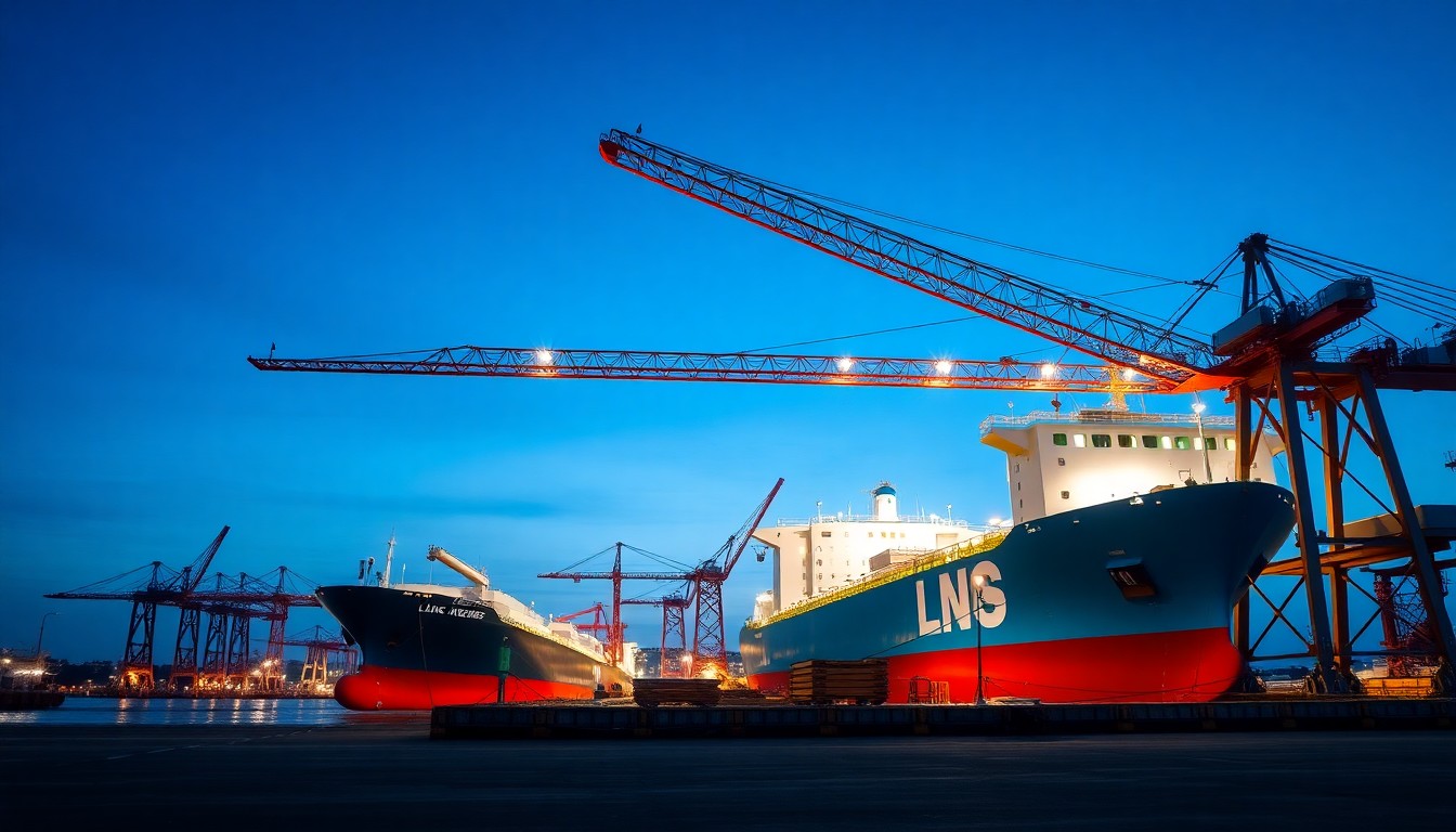 대형 조선소 도크에서 건조 중인 LNG 운반선