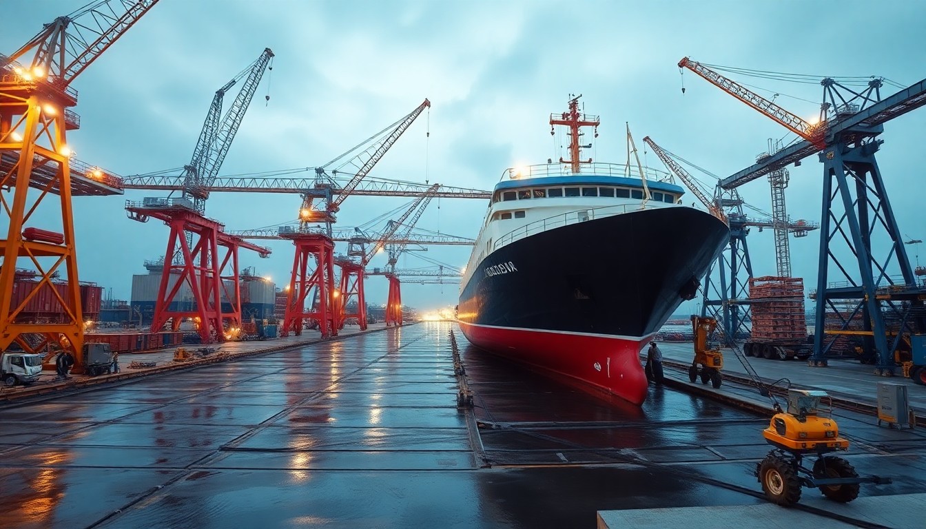 조선소 전경과 완성된 선박 진수식