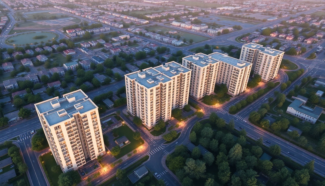 재개발 지역 항공 사진과 신축 아파트 조감도