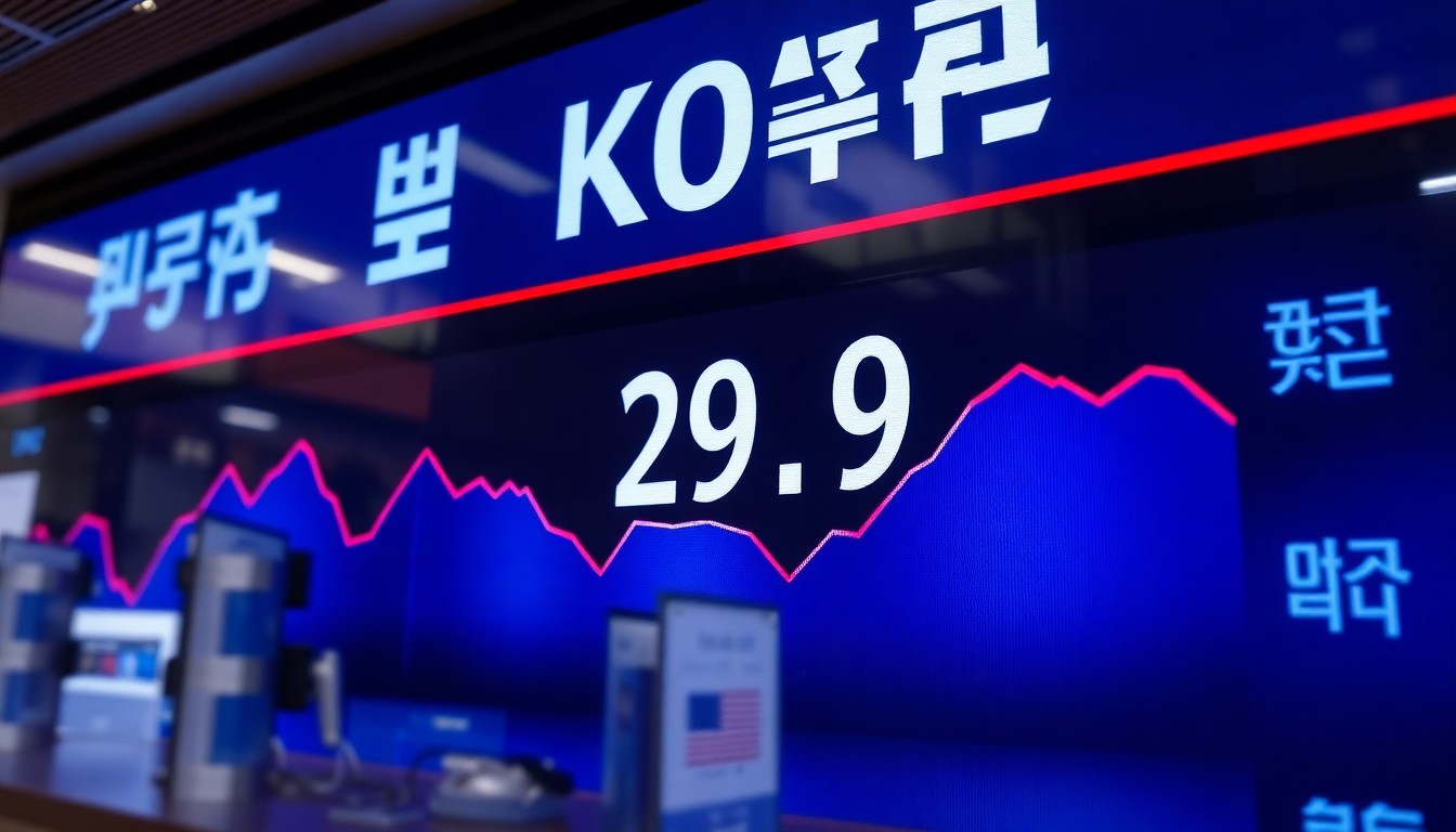 한국 증권거래소 전광판에 코스피 지수가 표시된 모습