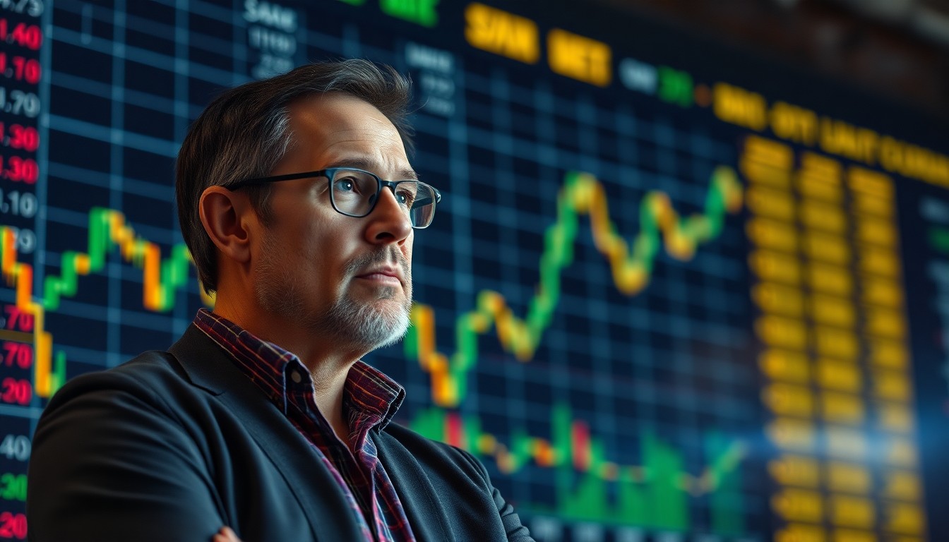 하락하는 주식 차트를 걱정스럽게 보는 투자자