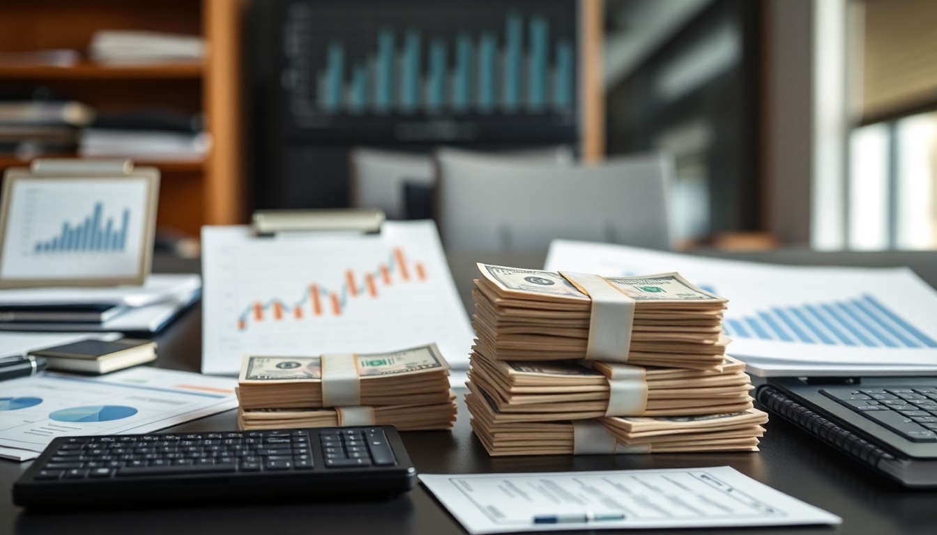 금융 차트와 현금 뭉치가 놓인 책상