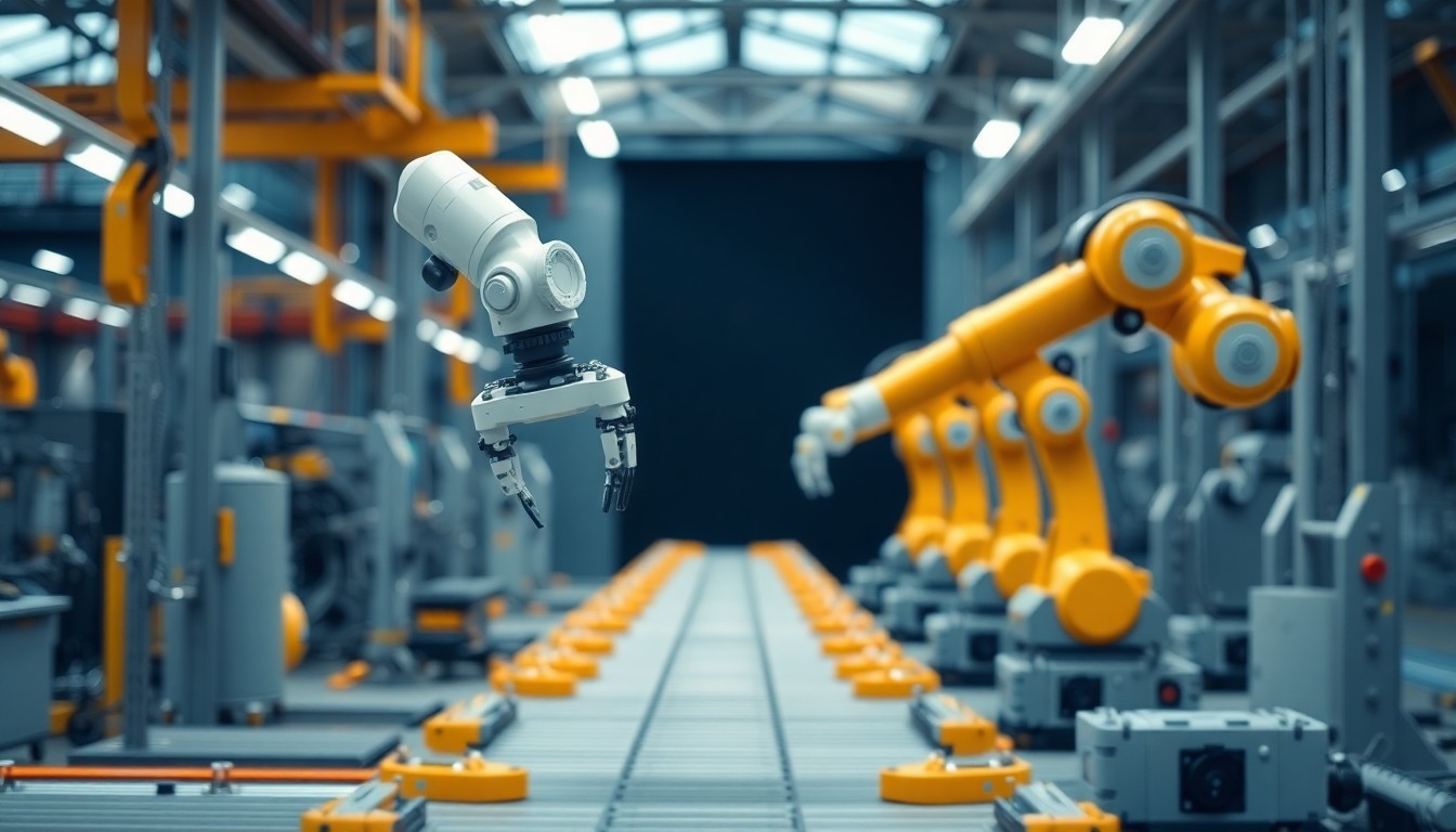 공장에서 작업하는 산업용 로봇 팔