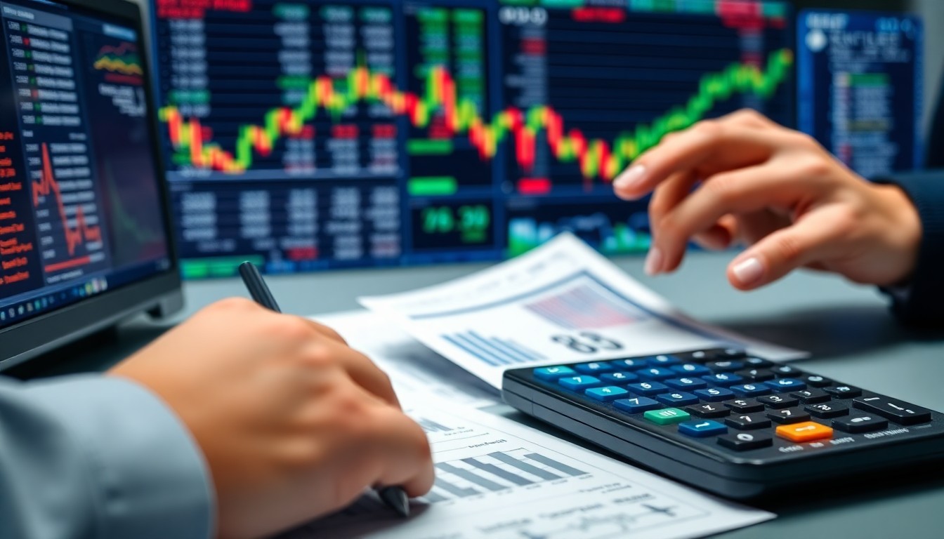 재무제표와 계산기로 주식을 분석하는 장면