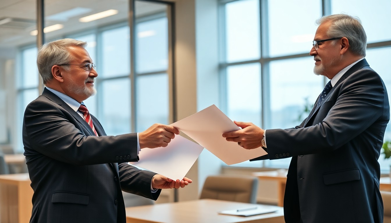 회의실에서 서류를 전달하는 두 세대의 비즈니스맨