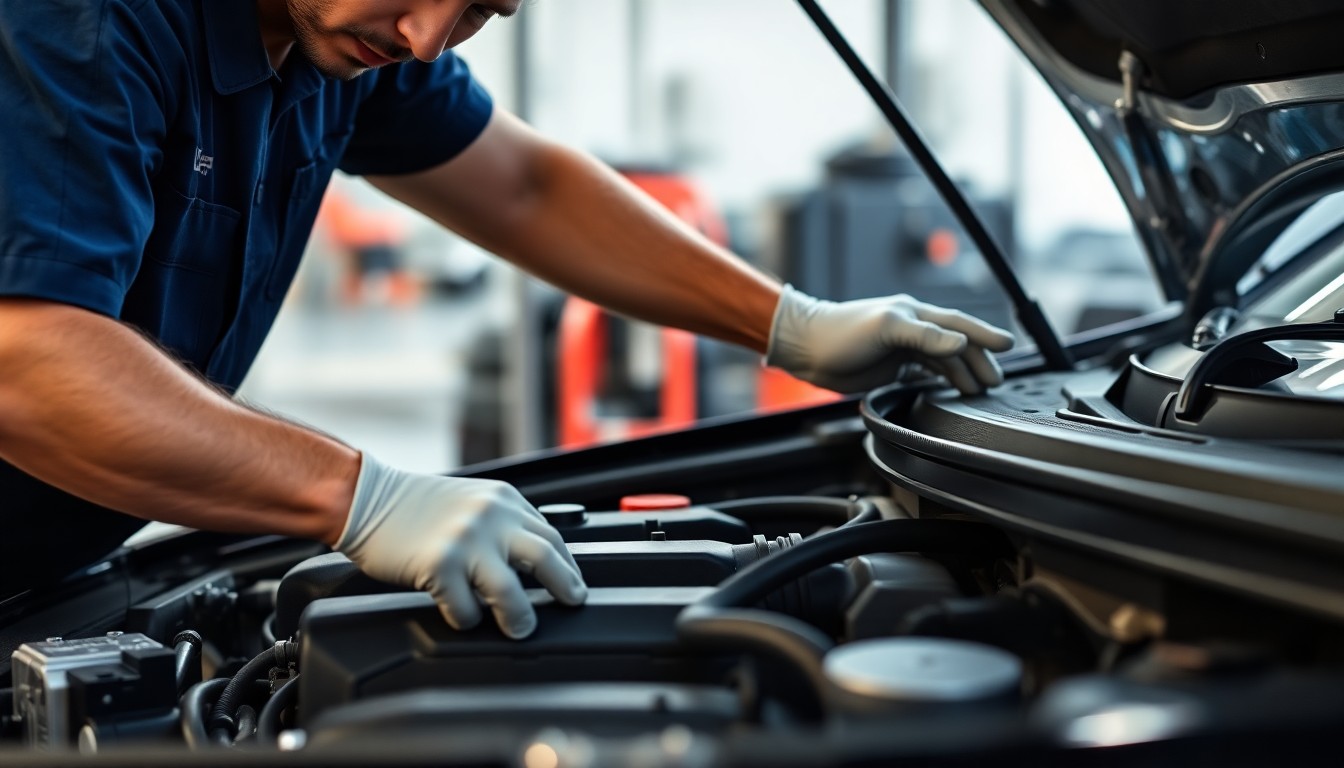 자동차 엔진룸을 점검하는 정비사