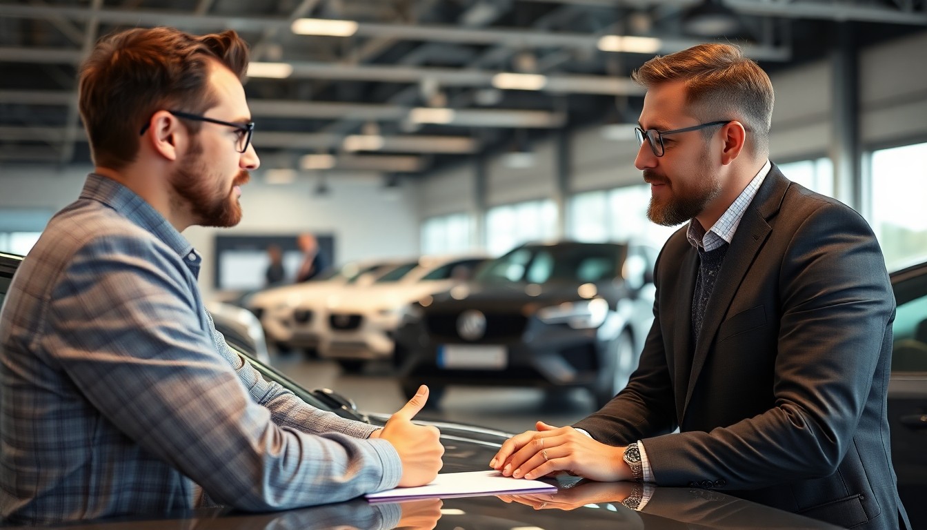 자동차 딜러와 상담하는 고객