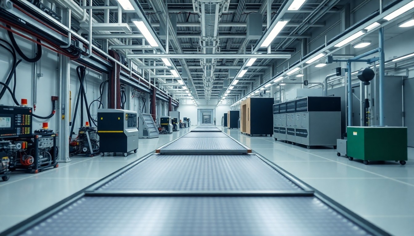 반도체 웨이퍼와 칩이 생산라인 위에 있는 첨단 공장