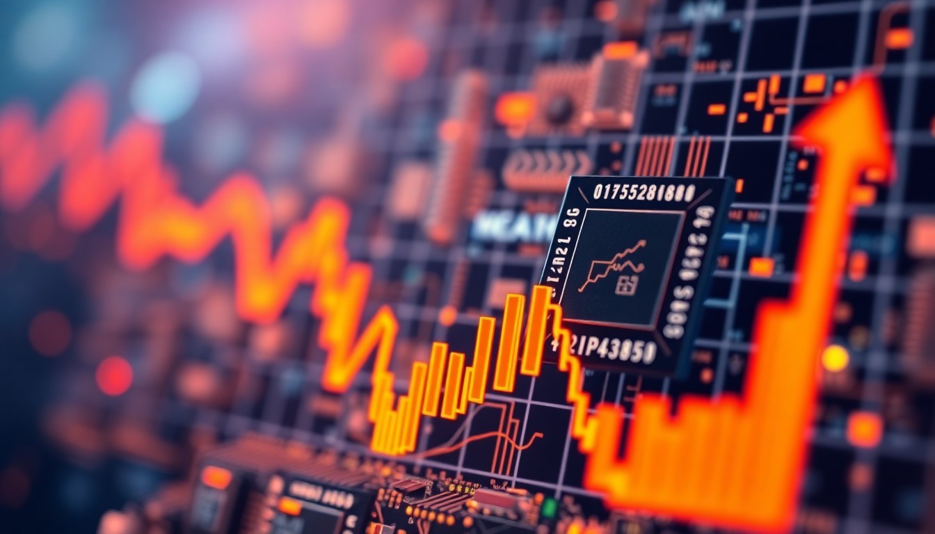 주식 차트 상승 그래프와 반도체 칩 일러스트