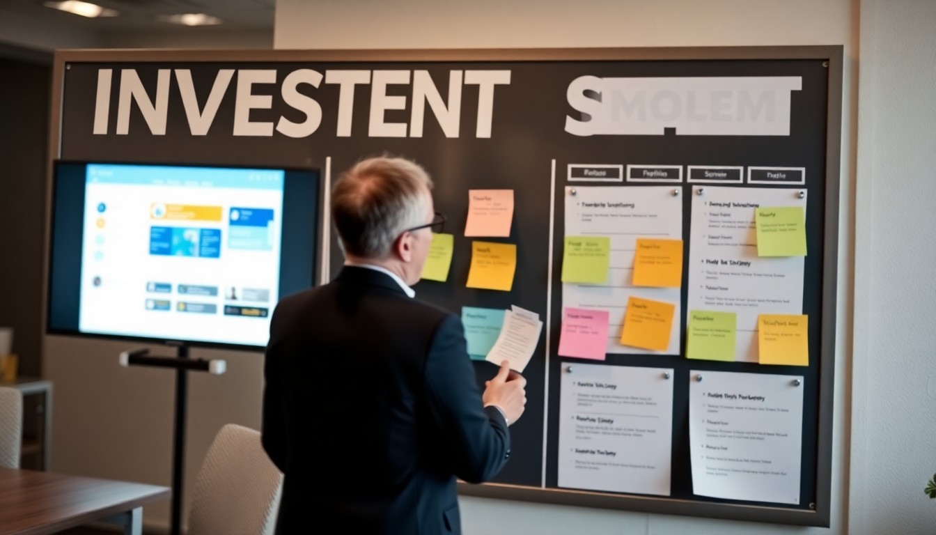 투자 전략 보드에 메모를 붙이는 장면