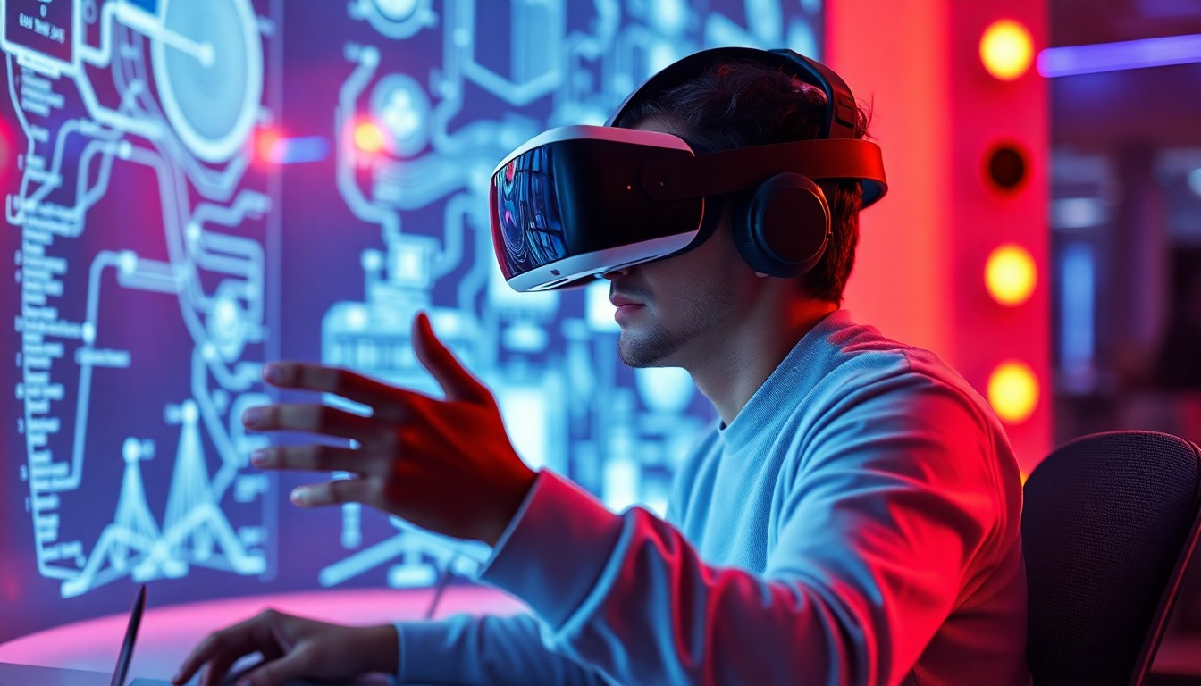 XR 헤드셋을 착용하고 가상 업무를 하는 사람